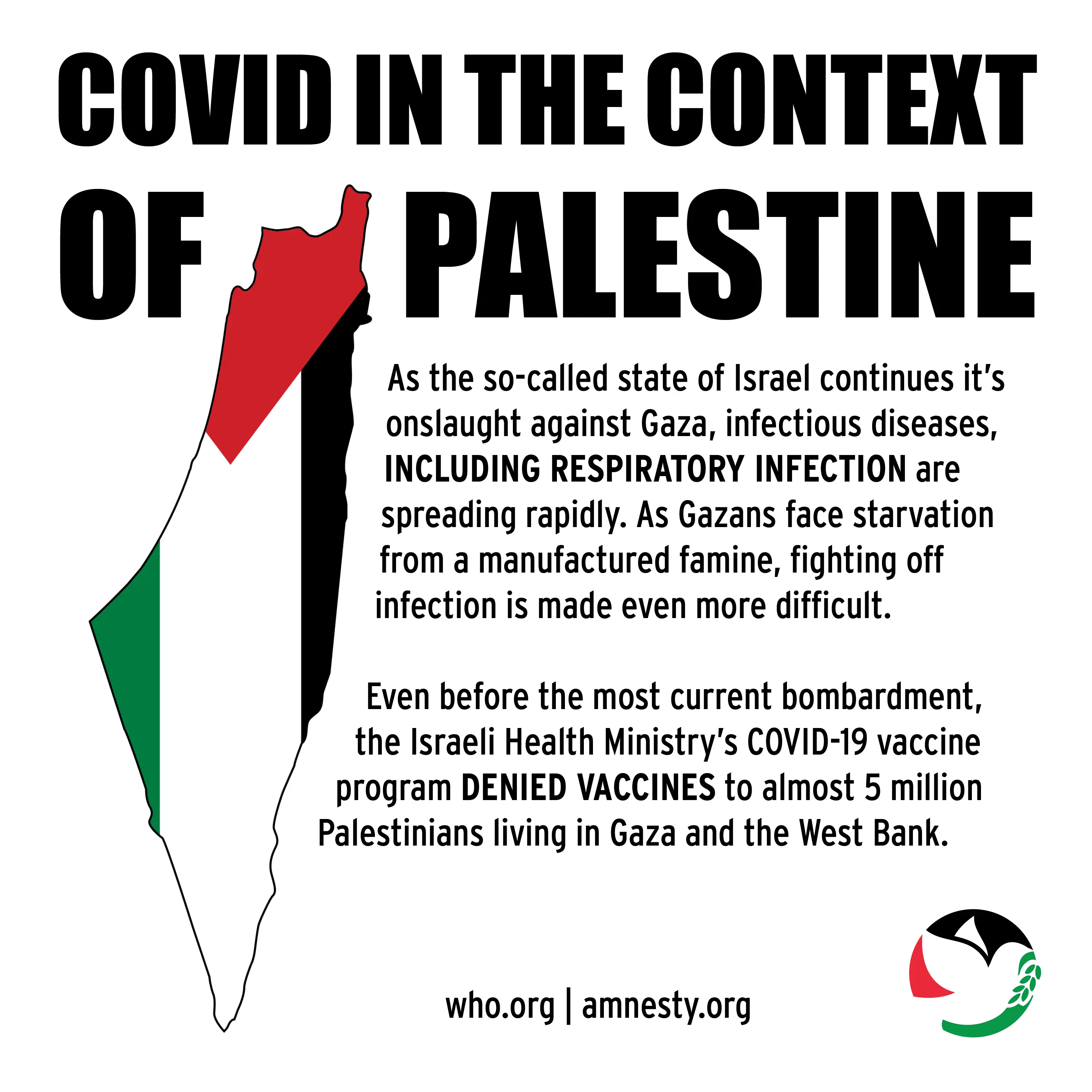 Third slide in an Instagram deck on Covid Safety. There's an illustration of the borders of Palestine to the left with the flag overlayed inside. 
                            The heading reads: 'COVID IN THE CONTEXT OF PALESTINE'. The text reads: 'As the so-called state of Israel continues it's onslaught against Gaza, infectious diseases, 
                            INCLUDING RESPIRATORY INFECTION are spreading rapidly. As Gazans face starvation from a manufactured famine, fighting off infection is made even more difficult. 
                            Even before the most current bombardment, the Israeli Health Ministry's COVID-19 vaccine program DENIED VACCINES to almost 5 million Palestinians 
                            living in Gaza and the West Bank.' The sources are cited in the bottom center as who.org and amnesty.org. The SJP Iowa City logo is in the bottom right corner.